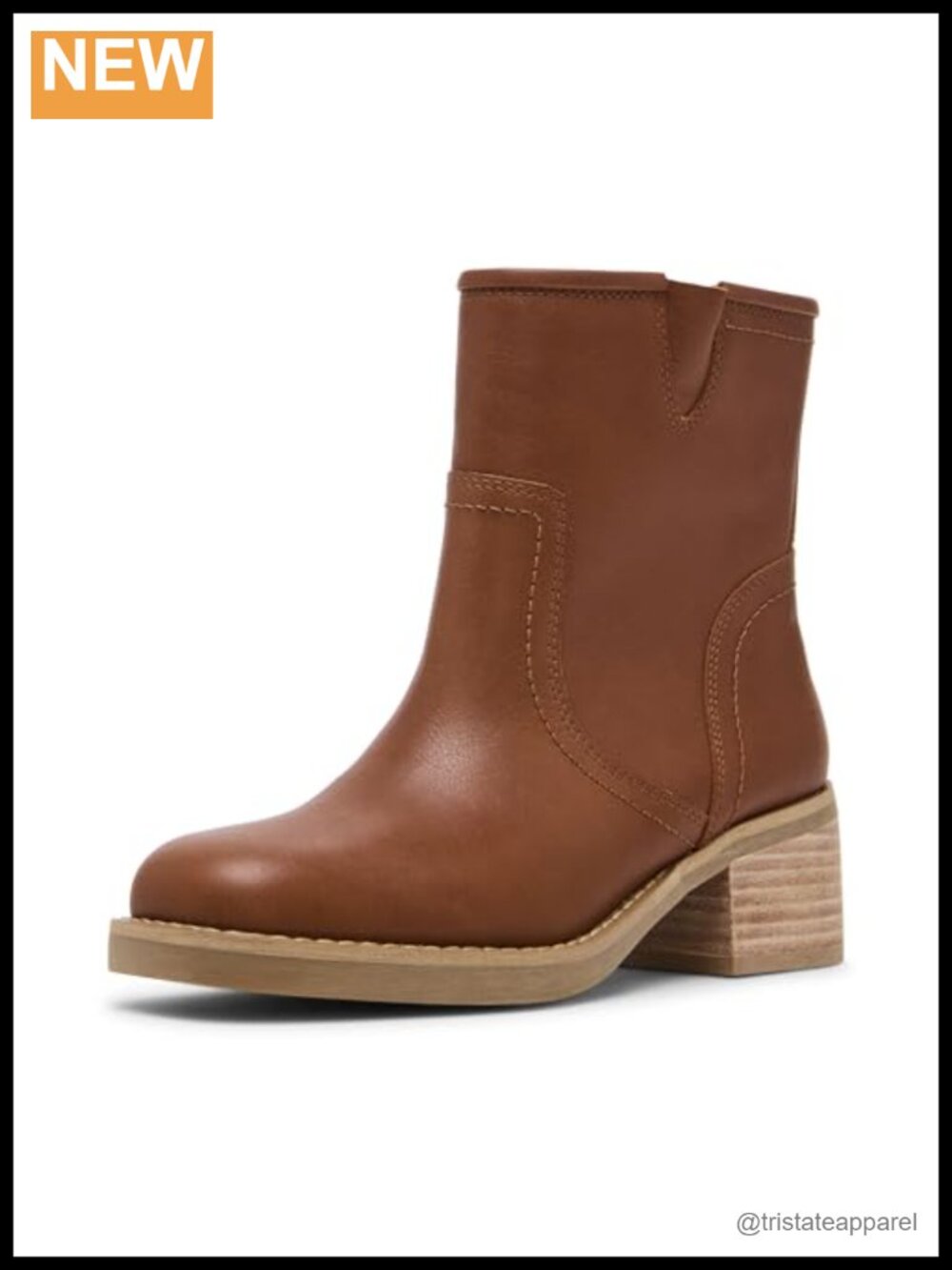 Waterproof Leather Ankle Bootie with Stacked Block Heel Pull-On Fall Boot